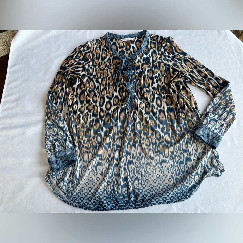 NYGARD Leopard Print Blues Tans with Tie Women's Blouse Size Large